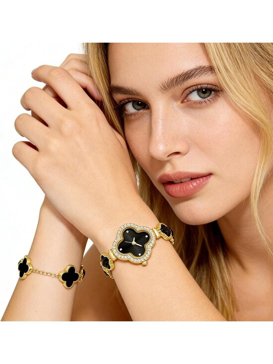 Women\'s Black Gold Lucky Clover Flower Design Four Leaf Bracelet Set Wrist Watch main image 7